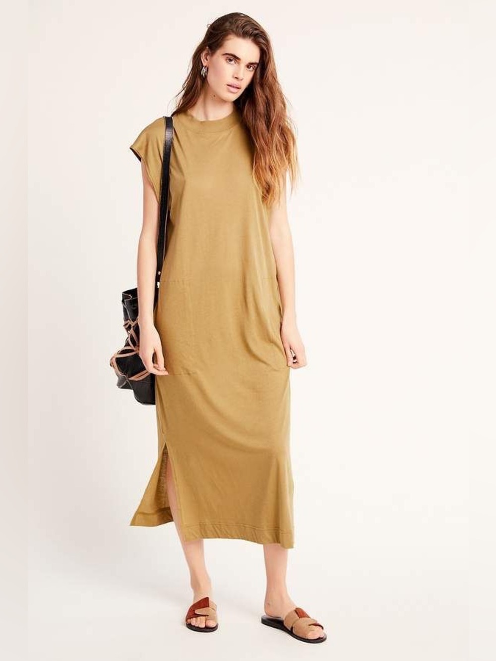 Free People All Day Long Midi Tee Shirt Dress in Beige size XS